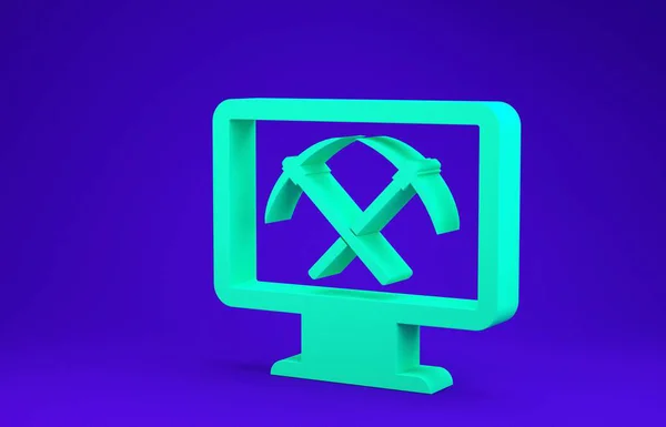 Conceito de mineração verde com laptop e ícone picareta isolado no fundo azul. Tecnologia Blockchain, mineração criptomoeda, mercado monetário digital. Conceito de minimalismo. 3D ilustração 3D render — Fotografia de Stock