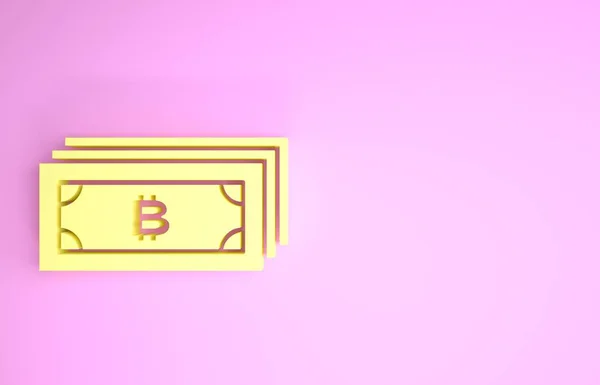 Желтый криптовалютный биткойн в круге с иконкой микрочипа, выделенной на розовом фоне. Технология блокчейн, рынок цифровых денег. Концепция минимализма. 3D-рендеринг — стоковое фото