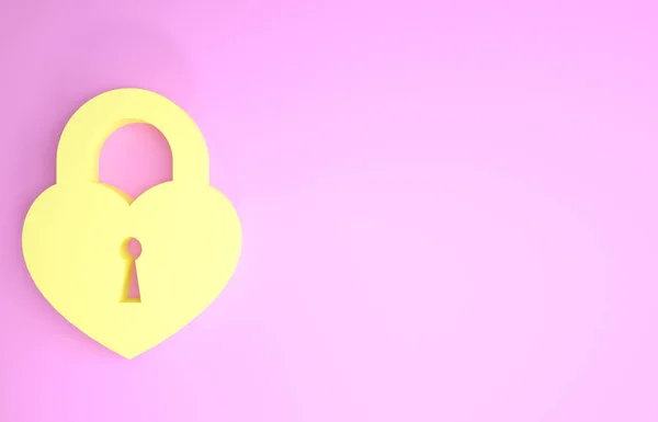 Kastil Kuning dalam bentuk ikon jantung Terisolasi pada latar belakang merah muda. Terkunci Jantung. Simbol cinta dan tanda lubang kunci. Konsep minimalisme. Tampilan 3D ilustrasi 3d — Stok Foto