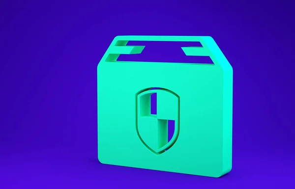 Символ безопасности зеленой упаковки с логотипом на синем фоне. Страховка доставки. Застрахованные картонные коробки за щитом. Концепция минимализма. 3D-рендеринг — стоковое фото
