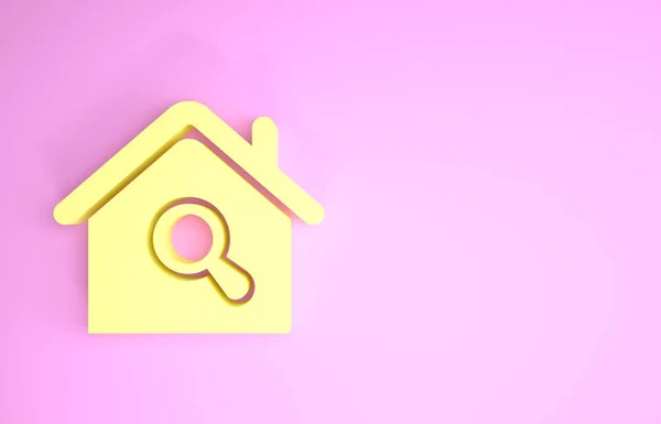 Icono amarillo de la casa de búsqueda aislado sobre fondo rosa. Símbolo inmobiliario de una casa bajo lupa. Concepto minimalista. 3D ilustración 3D render — Foto de Stock