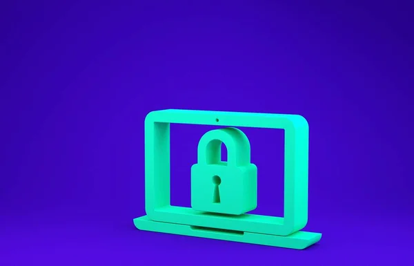 Laptop verde e icona di blocco isolato su sfondo blu. Computer e lucchetto. Sicurezza, concetto di protezione. Interrete sicura. Concetto minimalista. Illustrazione 3d rendering 3D — Foto Stock