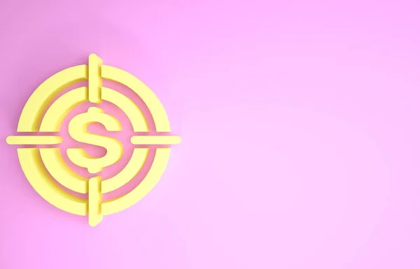 Gul Target med dollar symbol ikon isolerad på rosa bakgrund. Ikonen för investeringsmål. Lyckad affärsidé. Kontant eller pengatecken. Minimalistiskt koncept. 3D-illustration 3D-återgivning — Stockfoto