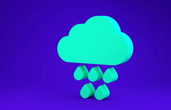 Grüne Wolke mit Regensymbol auf blauem Hintergrund. Regenwolken mit Regentropfen. Minimalismus-Konzept. 3D Illustration 3D Renderer — Stockfoto