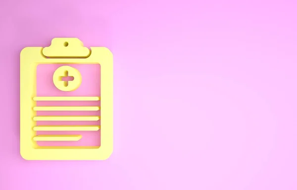 Appunti medici gialli con icona della cartella clinica isolata su sfondo rosa. Modulo di assicurazione sanitaria. Prescrizione, rapporto sui segni medici. Concetto minimalista. Illustrazione 3d rendering 3D — Foto Stock