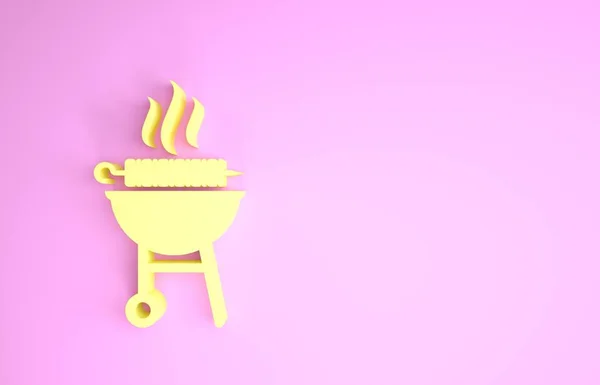 Barbacoa amarilla parrilla shish kebab en pincho icono palo aislado sobre fondo rosa. Barbacoa kebab de carne en palo de pincho. Picnic con carne de parrilla. Concepto minimalista. 3D ilustración 3D render — Foto de Stock