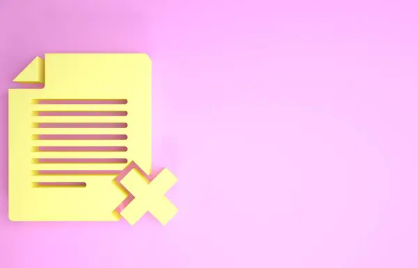 Yellow Delete file document icon isolated on pink background. Rejected document icon. Cross on paper. Minimalism concept. 3d illustration 3D render — 스톡 사진