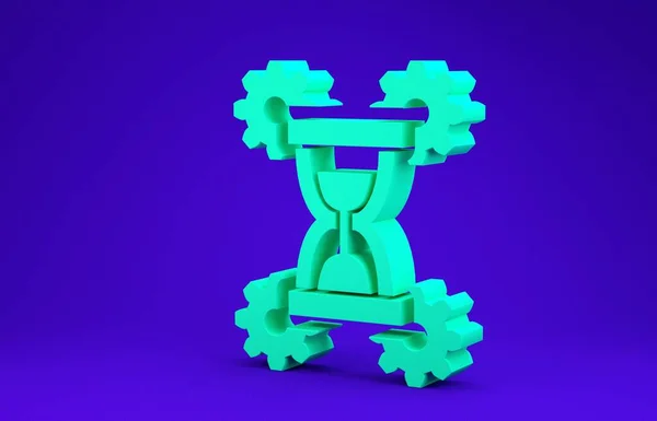 Clessidra verde e icona ingranaggio isolato su sfondo blu. Simbolo gestione del tempo. Icona orologio e ingranaggio. Simbolo di produttività. Concetto minimalista. Illustrazione 3d rendering 3D — Foto Stock