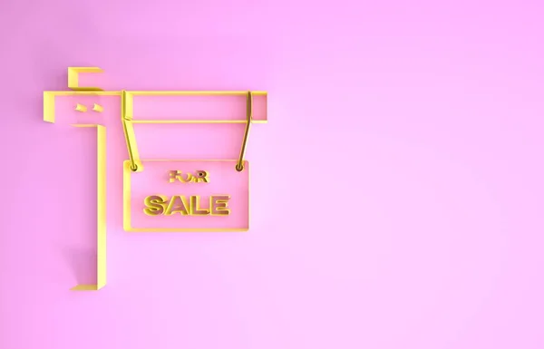 Yellow Hanging sign with text For Sale icon isolated on pink background. Signboard with text For Sale. Minimalism concept. 3d illustration 3D render