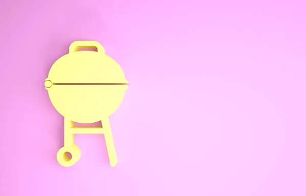 노란색 바베큐그릴 아이콘은 핑크 색 배경에 분리되어 있습니다. BBQ 그릴 파티. 최소성 개념. 3D 일러스트 3D 렌더링 — 스톡 사진