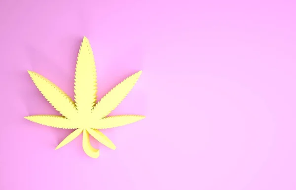 黄色医用大麻或大麻叶图标分离的粉红色背景。 大麻的符号。 最低纲领的概念。 3d说明3d — 图库照片