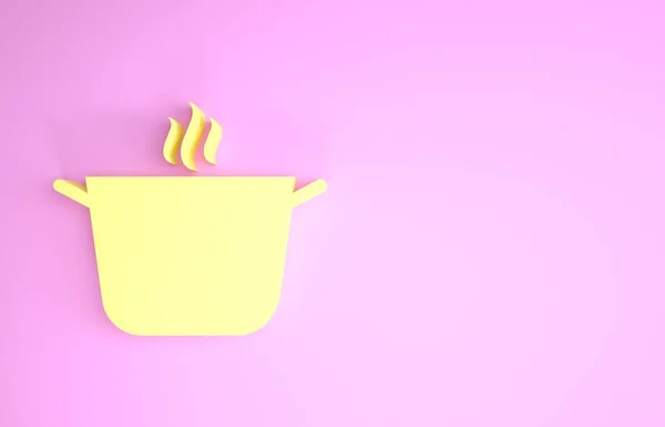 Icona pentola di cottura gialla isolata su sfondo rosa. Bollire o stufato cibo simbolo. Concetto minimalista. Illustrazione 3d rendering 3D — Foto Stock