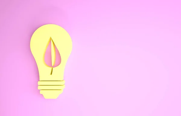 Lâmpada amarela com ícone de folha isolada no fundo rosa. Conceito de energia Eco. Conceito de energia alternativa. Conceito de minimalismo. 3D ilustração 3D render — Fotografia de Stock