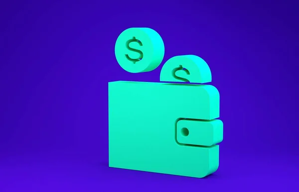 Grön plånbok med mynt ikon isolerad på blå bakgrund. Pengarnas plånbok. Myntdollarsymbol. Minimalistiskt koncept. 3D-illustration 3D-återgivning — Stockfoto
