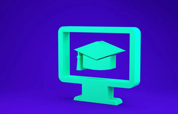 Green Computer monitor s maturitní čepice ikony izolované na modrém pozadí. Online učení nebo e-learning koncept. Symbol znalostí internetu. Minimalismus. 3D ilustrace 3D vykreslení — Stock fotografie