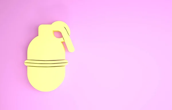 Yellow Hand grenade icon isolated on pink background. Bomb explosion. Minimalism concept. 3d illustration 3D render — Stock Photo, Image