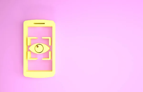 Teléfono móvil amarillo e icono de exploración ocular aislado sobre fondo rosa. Ojo escáner. Comprobación de seguridad. Signo cibernético. Concepto minimalista. 3D ilustración 3D render —  Fotos de Stock