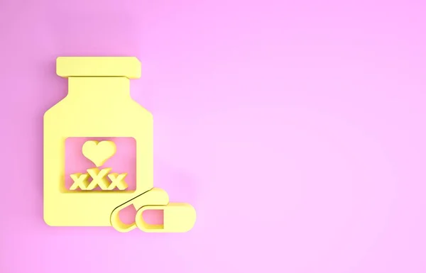Желтая бутылка лекарства с таблетками для потенции, афродизиак значок изолирован на розовом фоне. Секс таблетки для мужчин и женщин. Концепция минимализма. 3D-рендеринг — стоковое фото