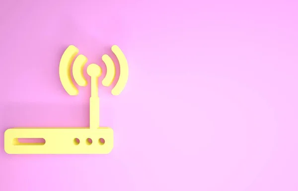 Router amarillo y señal wi-fi icono de símbolo aislado sobre fondo rosa. Router de módem Ethernet inalámbrico. Internet de tecnología informática. Concepto minimalista. 3D ilustración 3D render — Foto de Stock