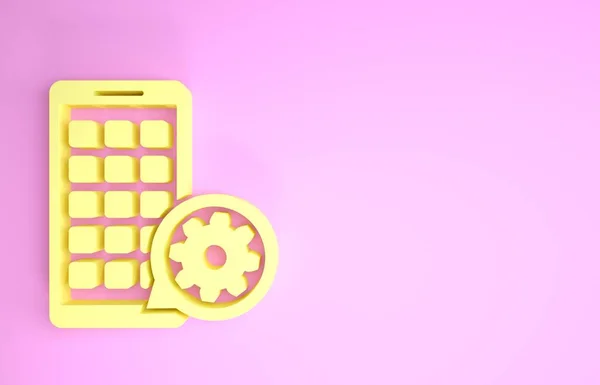 Aplicativos móveis amarelos e ícone de engrenagem isolado no fundo rosa. Ajustar aplicativo, conceito de serviço, opções de configuração, manutenção, reparo, fixação. Conceito de minimalismo. 3D ilustração 3D render — Fotografia de Stock