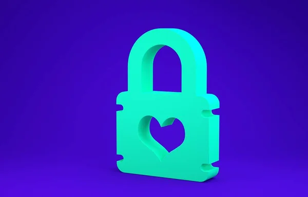 蓝色背景上有心脏图标的绿色挂锁。 锁定的心脏。 爱的象征和钥匙孔标志。 最低纲领的概念。 3d说明3d — 图库照片