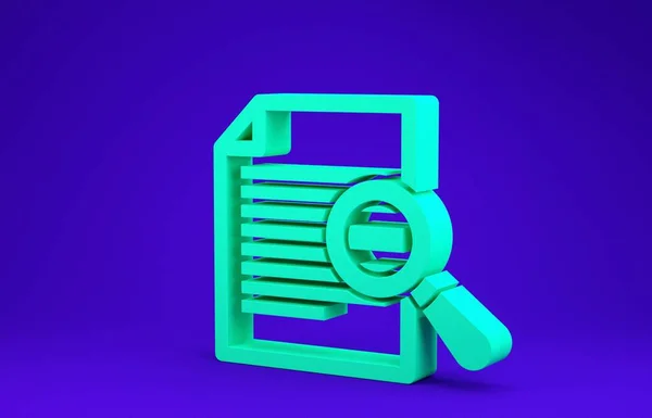 Зелений документ з піктограмою пошуку ізольовано на синьому фоні. Файл і піктограма збільшення скла. Аналітичний дослідницький знак. Концепція мінімалізму. 3D ілюстрація 3D рендеринга — стокове фото