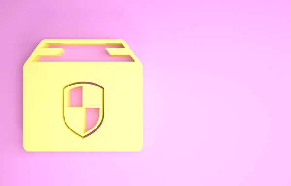 Gul leverans pack säkerhetssymbol med sköld ikon isolerad på rosa bakgrund. Leveransförsäkring. Säkrade kartonger bortom skölden. Minimalistiskt koncept. 3D-illustration 3D-återgivning — Stockfoto