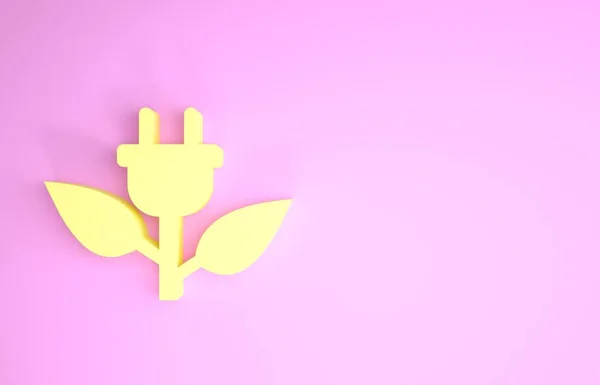 Жовтий електричний рятувальний штекер у піктограмі листя ізольовано на рожевому фоні. Зберегти піктограму енергоефективності. Значок захисту навколишнього середовища. Біоенергетика. Концепція мінімалізму. 3D ілюстрація 3D рендеринга — стокове фото