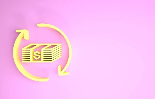 Gul återbetalning pengar ikon isolerad på rosa bakgrund. Finansiella tjänster, återbetalningskoncept, återbetalning av pengar, avkastning på investeringar, sparkonto. Minimalistiskt koncept. 3D-illustration 3D-återgivning — Stockfoto