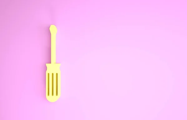Жовта піктограма викрутки ізольована на рожевому фоні. Символ інструменту обслуговування. Концепція мінімалізму. 3D ілюстрація 3D рендеринга — стокове фото
