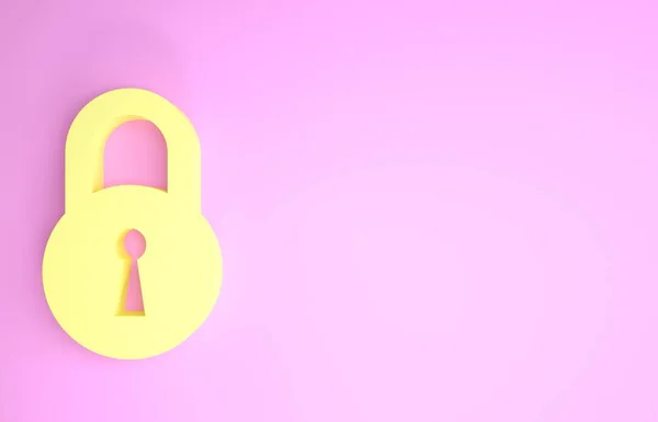 Icono de bloqueo amarillo aislado sobre fondo rosa. Señal de candado. Seguridad, seguridad, protección, concepto de privacidad. Concepto minimalista. 3D ilustración 3D render — Foto de Stock