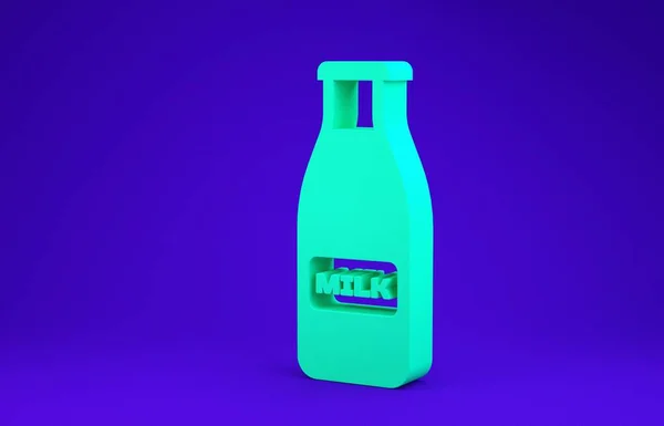 Frasco de vidro verde fechado com ícone de leite e tampa isolado no fundo azul. Conceito de minimalismo. 3D ilustração 3D render — Fotografia de Stock