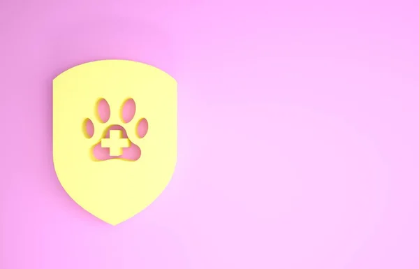 Žlutá ikona veterinárního pojištění izolované na růžovém pozadí. Ikona ochrany zvířat. Otisk psí nebo kočičí tlapky. Minimalismus. 3D ilustrace 3D vykreslení — Stock fotografie