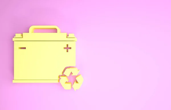Gul bil batteri med återvinning ikon isolerad på rosa bakgrund. Ackumulatorbatteriets energi- och elackumulatorbatteri. Minimalistiskt koncept. 3D-illustration 3D-återgivning — Stockfoto