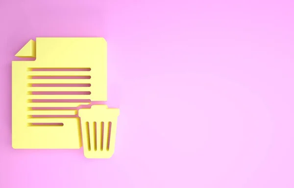 Желтый Иконка документа Удалить файл выделена на розовом фоне. Бумажный лист с вывеской "мусорный бак". Отвергнутый значок документа. Крест на бумаге. Концепция минимализма. 3D-рендеринг — стоковое фото