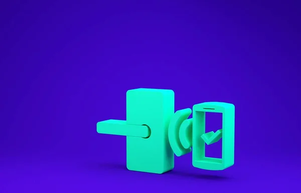 Cerradura de puerta digital verde con tecnología inalámbrica para desbloquear icono aislado sobre fondo azul. Señal de la puerta. Hogar inteligente de seguridad. Concepto minimalista. 3D ilustración 3D render — Foto de Stock