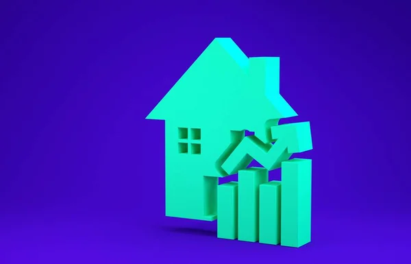 Green Rising cost of housing icon isolated on blue background. Rising price of real estate. Residential graph increases. Minimalism concept. 3d illustration 3D render