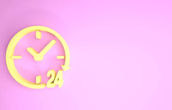 Reloj amarillo 24 horas icono aislado sobre fondo rosa. Todo el día icono cíclico. Símbolo de servicio 24 horas. Concepto minimalista. 3D ilustración 3D render —  Fotos de Stock