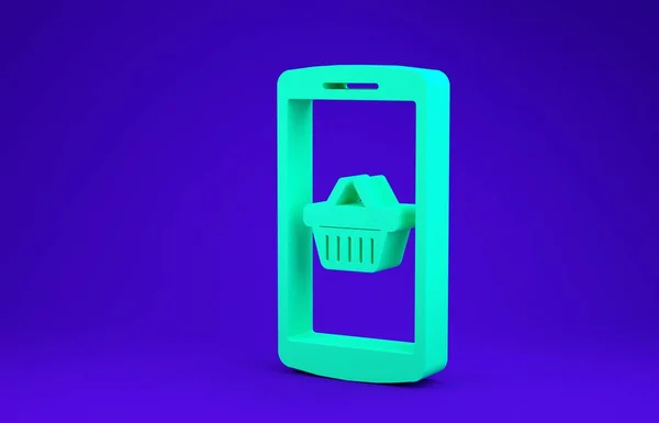 Зеленая корзина покупок на экране значок смартфона выделен на синем фоне. Концепция электронной коммерции, электронного бизнеса, интернет-маркетинга. Концепция минимализма. 3D-рендеринг — стоковое фото
