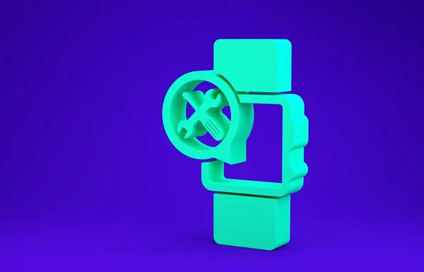 Reloj inteligente verde con destornillador e icono de llave inglesa aislado sobre fondo azul. Ajuste, servicio, ajuste, mantenimiento, reparación, fijación. Concepto minimalista. 3D ilustración 3D render — Foto de Stock