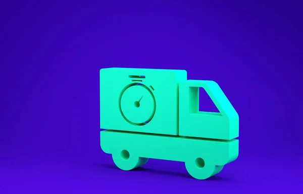Зеленый грузовик и иконка с секундомером на синем фоне. Значок времени доставки. Концепция минимализма. 3D-рендеринг — стоковое фото