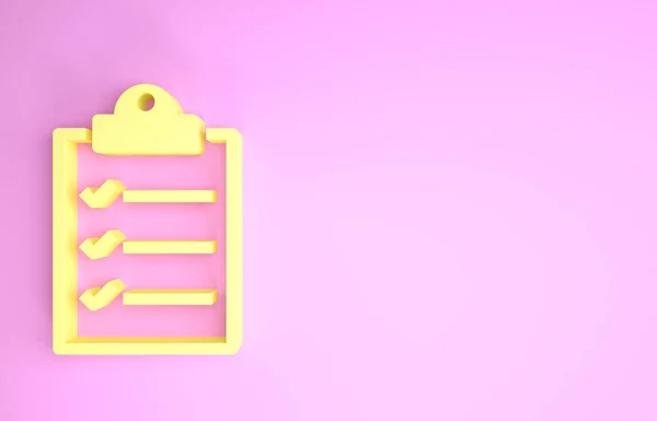 Appunti gialli con l'icona della lista di controllo isolato su sfondo rosa. Concetto minimalista. Illustrazione 3d rendering 3D — Foto Stock
