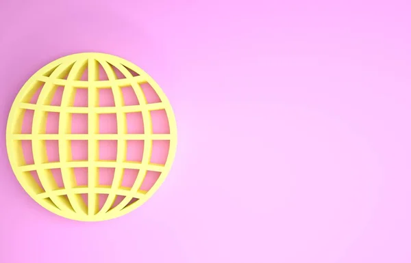 ピンクの背景に隔離された黄色の地球の地球のアイコン。最小限の概念。3Dイラスト3Dレンダリング — ストック写真