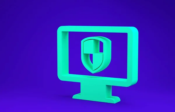 Monitor verde e ícone de escudo isolado no fundo azul. Segurança informática, tecnologia de firewall, segurança de privacidade na Internet ou antivírus. Conceito de minimalismo. 3D ilustração 3D render — Fotografia de Stock
