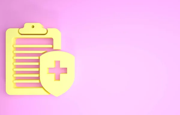 Gul Urklipp med sjukförsäkring ikon isolerad på rosa bakgrund. Patientskydd. Urklipp och sköld med ett kors. Minimalistiskt koncept. 3D-illustration 3D-återgivning — Stockfoto
