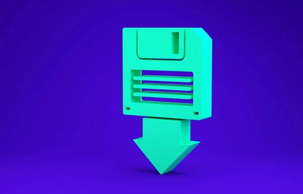 Zöld Floppy lemez biztonsági ikon elszigetelt kék háttérrel. Lemeztábla. Minimalizmus koncepció. 3d illusztráció 3d render — Stock Fotó