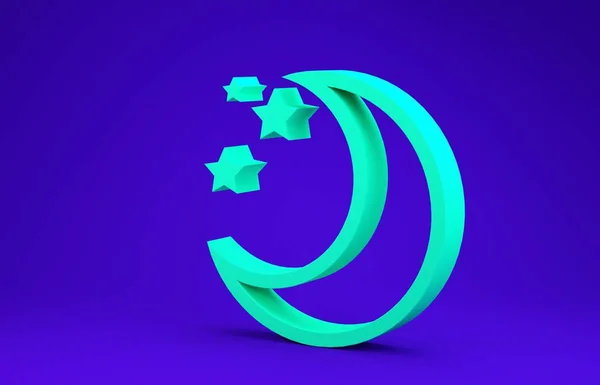 Zöld Hold és csillagok ikon elszigetelt kék háttérrel. Minimalizmus koncepció. 3d illusztráció 3D render — Stock Fotó