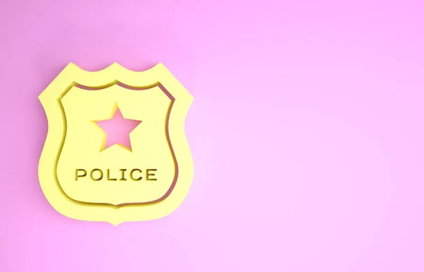 Желтый значок полицейского значка выделен на розовом фоне. Знак шерифа. Концепция минимализма. 3D-рендеринг — стоковое фото