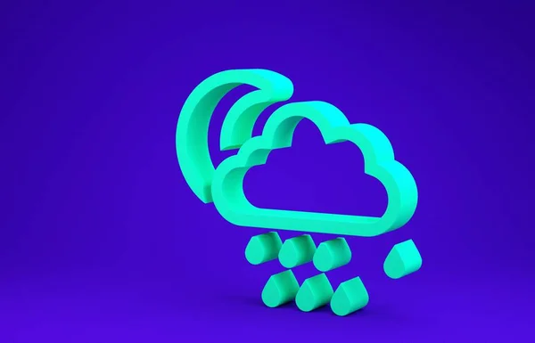 青の背景に雨と月のアイコンが隔離された緑の雲。雨滴と雨の雲の降水量。最小限の概念。3Dイラスト3Dレンダリング — ストック写真