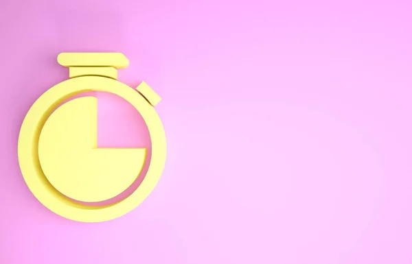 Żółta ikona Stopwatch na różowym tle. Znak czasowy. Koncepcja minimalizmu. Ilustracja 3d — Zdjęcie stockowe